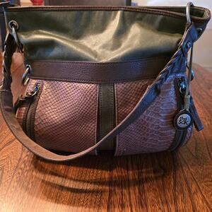 The Sak Satchel Leather Hobo Shoulder Saddle Bag Textured Green and Brown